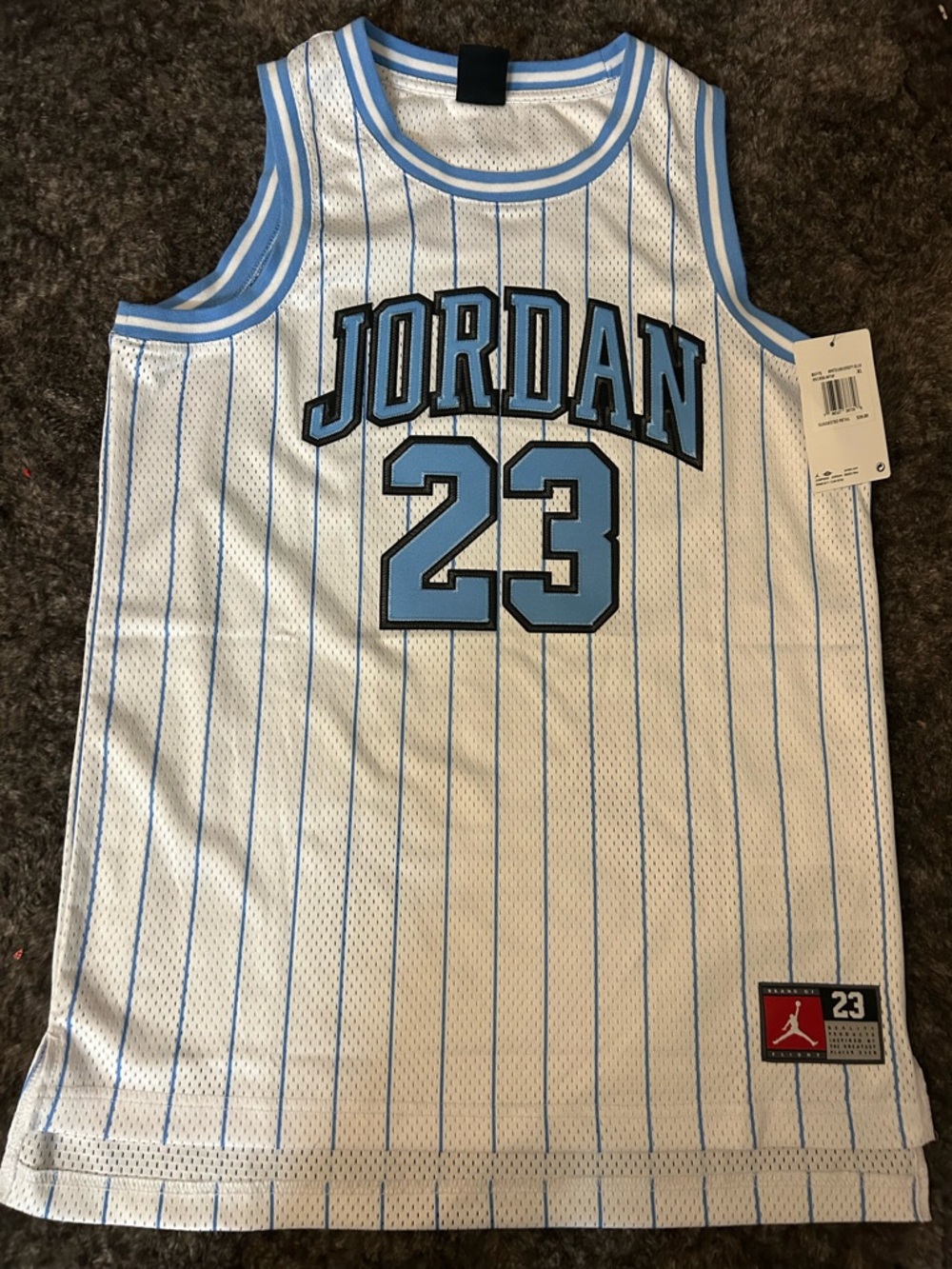 Jordan White & Light Blue Pinstripe 23 Basketball Jersey